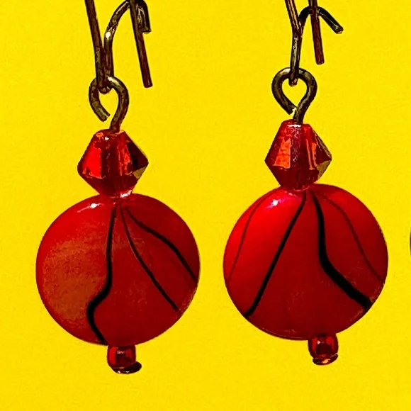 Earrings Pierced Handmade Unique Design Red Glass w/Black & Blue Glass w/Green - Picture 3 of 5